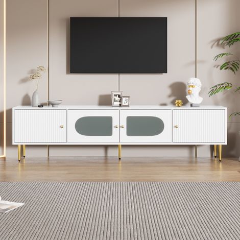 Élégant meuble TV 1703550cm - Corps blanc avec pieds et poignées dorés, 2 portes à rainures verticales, 2 portes avec verre bombé (1/5)