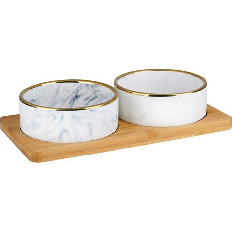Gamelle Chat Surélevée Double avec Support Bambou - Gamelle pour Chien et Chat en Céramique - Porte Gamelle Chien et Gamelle Chat Ceramique - Set Gamelles Animaux - 2 x 350 ML