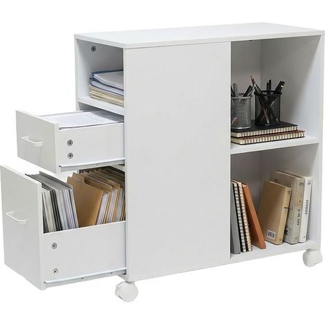 Relaxdays Cajonera con ruedas, 2 cajones, 3 huecos, 65x30x60 cm, MDF, mueble archivo oficina, blanco (1/5)