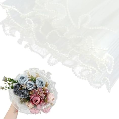 Papier d'emballage floral 4 yards beige, papier froissé translucide, bordure perlée imperméable, accessoires pour bouquet, fournitures de fleuriste, emballage cadeau. (1/5)