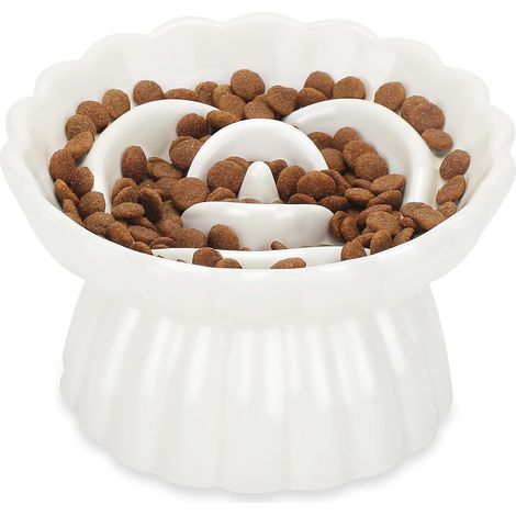 Ceramic Anti-Gulping Cat Bowl Raised, Slow Feeder Wet Food, Very Non-Slip, Easy to Clean, Anti-Gulping Bowl for Cats and Small Dogs, White (1/5)