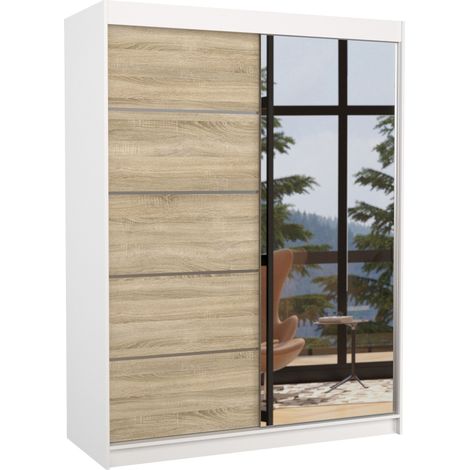 Armoire de chambre blanche 2 portes coulissantes 1 naturel et 1 miroir Limka 150cm (1/5)