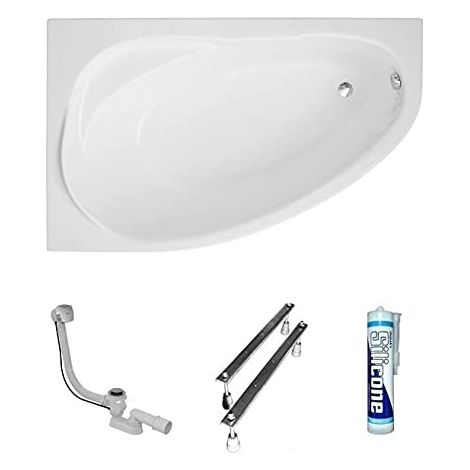 ECOLAM Baignoire d'angle acrylique Marea Polimat 160x100 cm gauche, pieds, siphon, silicone. Belle forme Aspect moderne. Baignoire acrylique blanc (1/5)
