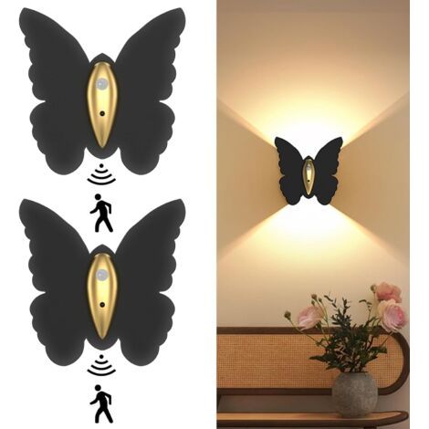 Wiederaufladbare Schmetterlings-Wandleuchte für den Innenbereich – Bewegungsmelder-Wandleuchte + Fernbedienung – 2er-Pack, Schwarz (1/4)