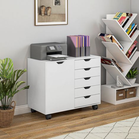 Beistellschrank mit 5 Schubladen, verstellbarem Einlegeboden, rollbarem Büroschrank, Druckerablage fürs Homeoffice, weiß