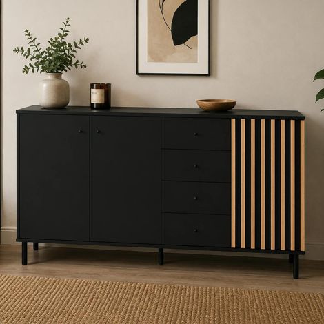 Buffet design noir décor bois 3 portes 4 tiroirs NOREN (1/5)
