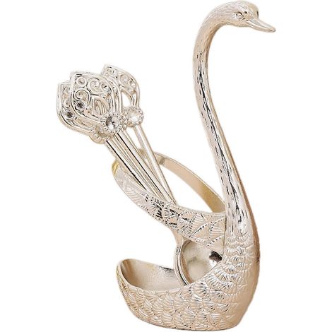Ensemble de cuillères à fruits Swan avec support - Cuillères décoratives dorées pour desserts et café, élégantes pour le thé de l'après-midi, les mariages et les cadeaux (argent) (1/5)