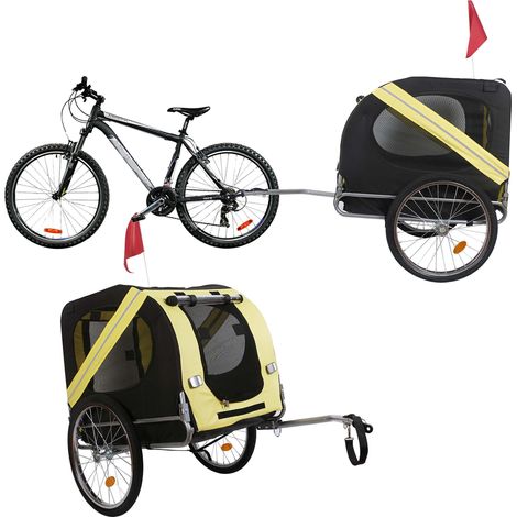Remolque de bicicleta para perros con mosquitera y protección de lluvia, negro y amarillo