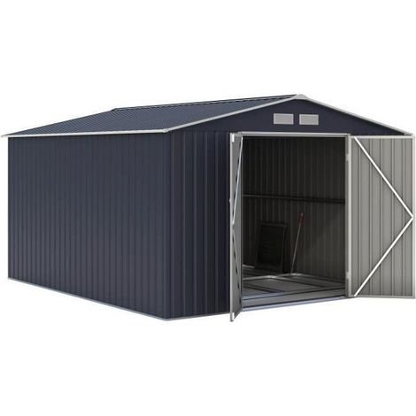 Abri de jardin métal 8,84m² – 2 portes battantes – Dimensions 2,77m x 3,19m x 2,02m – Panneaux acier traité anti-corrosion – Coloris gris anthracite (1/5)