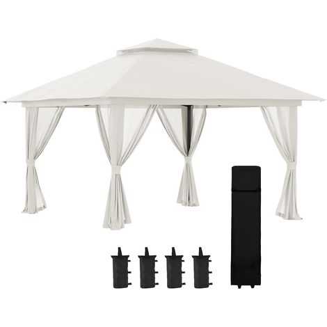 Pavillon pliant 4x4 m avec 4 rideaux en filet, double toit, protection UV, hauteur réglable, blanc crème, sac de transport