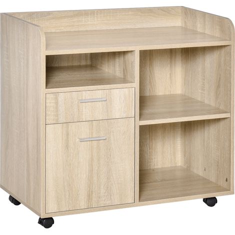 Mobile Porta Stampante, Mobile Ufficio, Mobiletto Basso, Mobile Multiuso con 4 Ruote, Rovere, 80x40x72cm