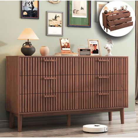 Commode avec 6 tiroirs, Commode en Bois et Rotin 6 Tiroirs, Meuble de Rangement Multifonction, Armoire à tiroirs, Commode, Marron