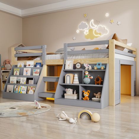 Lit mezzanine - 140x200 cm - échelle - barrières de sécurité - rangements intégrés - éclairage led - pin et mdf - lit enfant - gris (1/5)
