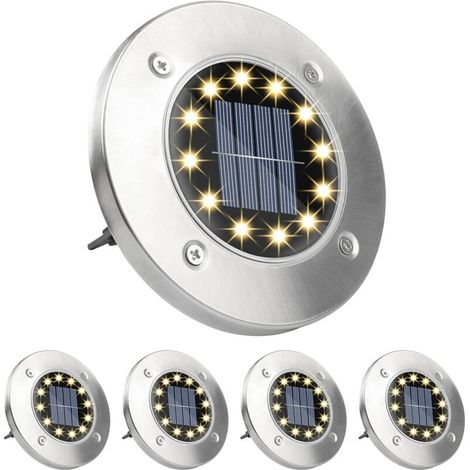 Solar-Bodenleuchten, 4 Stück, 12 LEDs, warmweiß, für den Außenbereich, Solar-Bodenleuchten, IP65, Edelstahl, wasserdichte Bodenleuchten für Rasen, Gartenweg, Hof