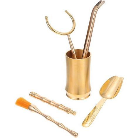 Lot 5 accessoires thé cuivre doré, boîte compacte, outils traditionnels service thé chinois maison/salon Label (1/5)