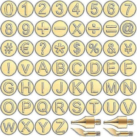 Ensemble de 56 embouts de pyrogravure comprenant l'alphabet et les chiffres pour la création de motifs en bois à faire soi-même. (1/5)