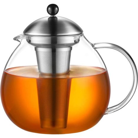 Théière en verre 2000 ml avec passoire à thé en acier inoxydable 18/10, grand verre borosilicaté, théière sur cuisinière, verseuse en verre avec tamis amovible, 2000 ml (Argent) (1/5)