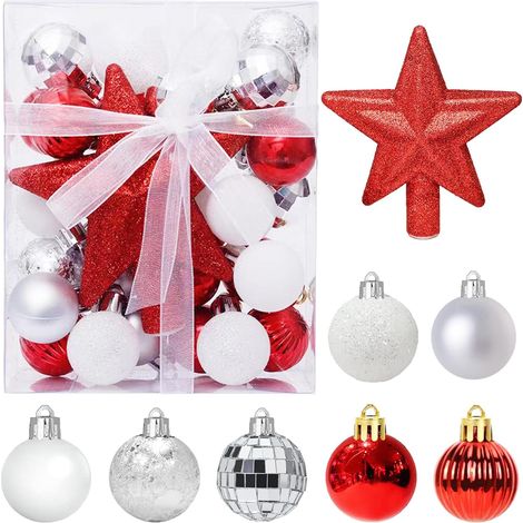 30 Boules de Noël Miniatures avec Crochets, 3cm Décorations de Sapin Rouges et Blanches, Ornements de Fête pour Table et Arbre, Kit Complet de Décoration de Noël (1/5)
