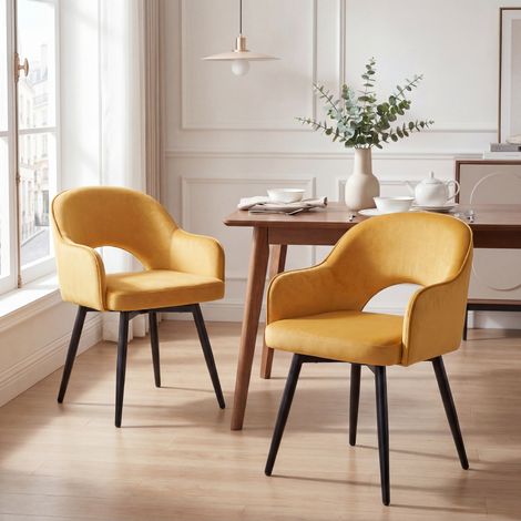 Wahson Lot de 2 chaises en velours jaune – Chaise salle à manger moderne avec accoudoirs – Rembourrée, pivotante 360° – Pieds en métal durables, Jaune