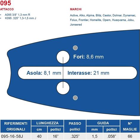 Barra motosega 40 cm - 16" passo .325", spessore 1.5 mm - .058" attacco 095, 66 maglie 452733