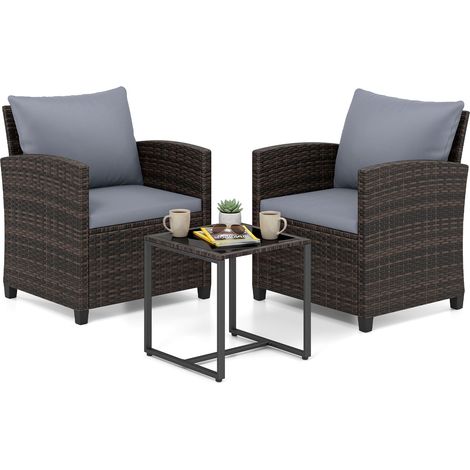 Salon de Jardin Exterieur 2 Personnes en Rotin PE, avec 2 Fauteuils à Coussins Amovibles&Table Basse à Plateau en Verre Trempé, Marron+Gris