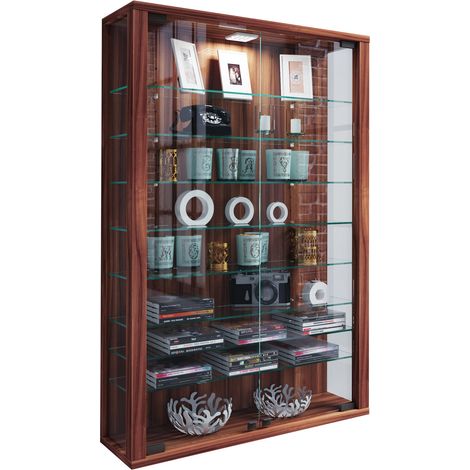 Vitrosa Mini Vitrinenschrank wandhängend mit 2 Glastüren und Licht Kern-Nussbaum dekor.