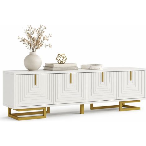 Meuble TV bas 160 cm blanc texturé avec 4 portes, poignées et pieds dorés, rangement fermé, pieds réglables et charnières amorties pour salon moderne CHICFURN (1/5)
