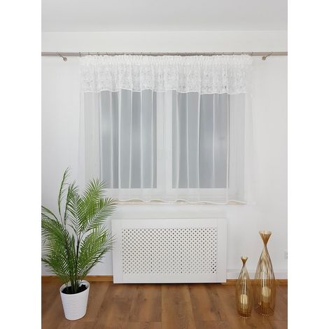 Cortina confeccionada de 300x150 cm - voile y malla, rosas 3D, cinta fruncidora, blanca (1/5)