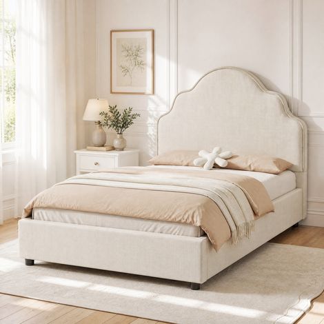 Letto imbottito 213.5x98.5x100 cm, testiera a forma di nuvola, rete inclusa, lino beige (1/5)