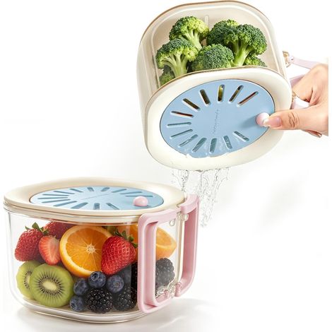 Contenedor 2 en 1 para almacenar frutas y verduras (con cesta de drenaje) - Azul (1/5)
