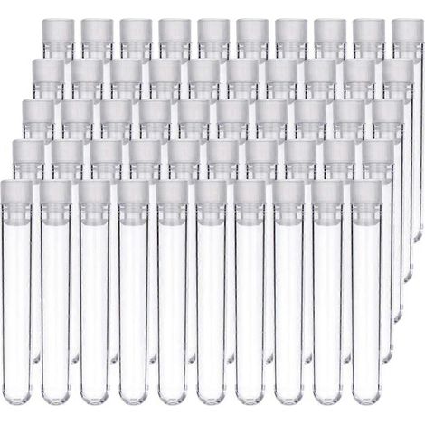 100 tubes à essai en plastique transparent avec bouchons à vis blancs, flacons de prélèvement avec bouchons à bouton-poussoir, 12 x 75 mm (1/5)