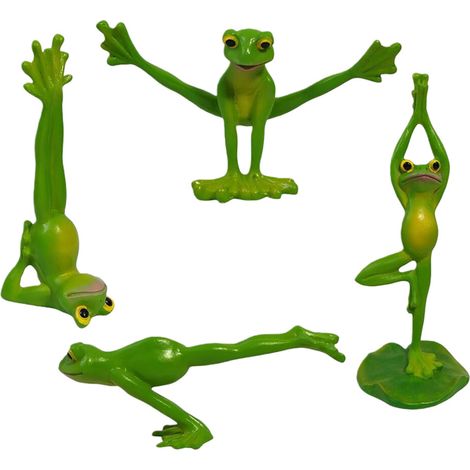 Figuras de ranas de yoga en un juego de cuatro piezas.