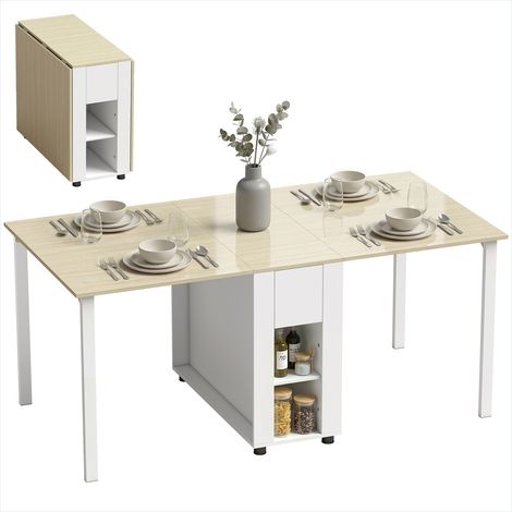 Table à manger pliante blanche MDF et pin massif, surface extensible 168 cm pour 6 personnes, design moderne avec rangements intégrés (1/5)