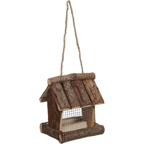 Mangiatoia per uccelli in legno decorativa per giardino balcone terrazzo facile da riempire 25 x 25 x 25 cm in corteccia marrone 130009369