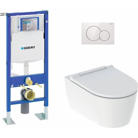 Pack complet WC suspendu TurboFlush – Cuvette ONE sans bride – Bâti-support Geberit UP320 – Plaque de déclenchement blanche