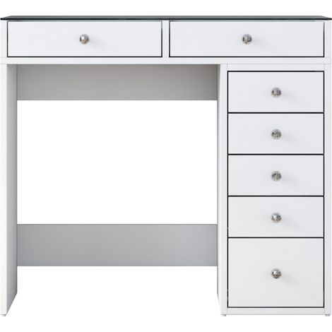Drawer – Coiffeuse 7 tiroirs avec plateau en verre 90cm – Mélaminé et verre – Dimensions L90 x P44,5 x H79,8cm – Rangement optimisé