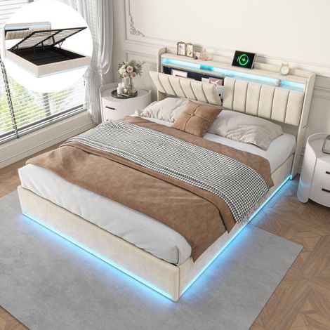lit double 140 x 190cm avec rangement, Lit coffre, avec port USB et LED, Sommier Inclus, Cadre de Lit, Lit Rembourré, velours, Beige (1/5)