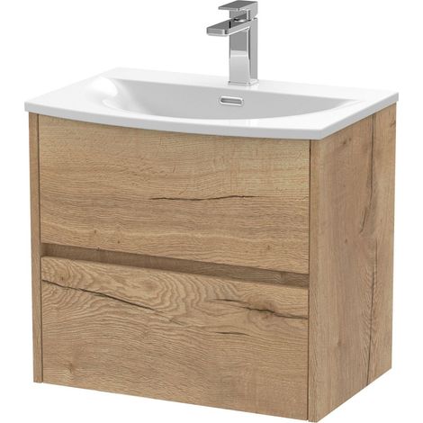 Chartley Contemporary 2 Drawer Wall Hung Vanity Unit with Curved Basin, Autumn Oak, 600mm