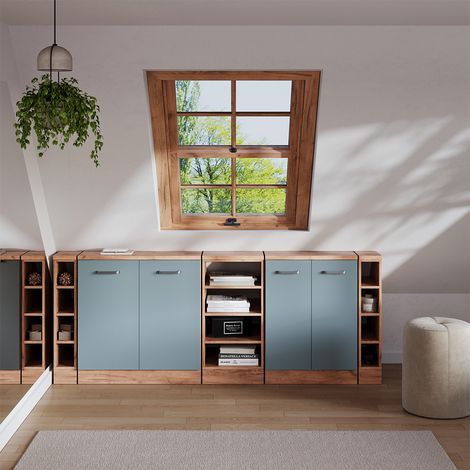 Ensembles de meuble de rangement sous pente Rion, Bleu-gris, 210cm Lot de 5 caissons 60 cm de profondeur, Vicco (1/5)