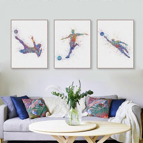 Leinwand-Wandposter mit einem Fußballspielmotiv, schlichter und trendiger Aquarellstil, ideal zur Dekoration des Wohnzimmers, Schlafzimmers, Büros oder Kinderzimmers (als Set). (1/4)