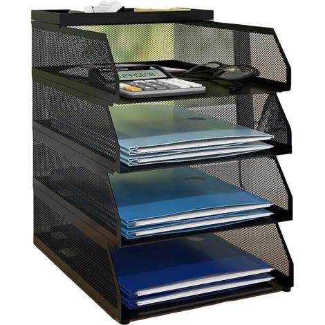 Boîte De Rangement Pour Documents A4 - Organiseur Métallique À 4 Niveaux - Pour Bureau Étude École - Noir