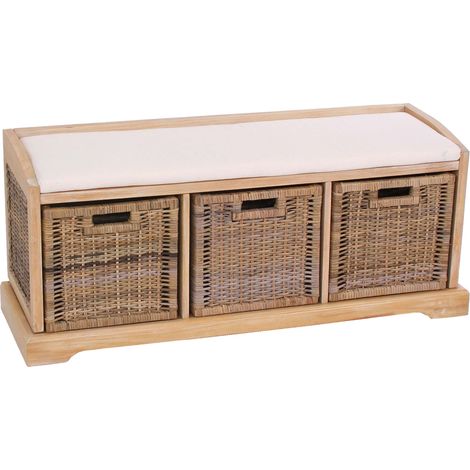 [NON UTILIZZATO] Panca cassettiera contenitore 3 ceste multiuso con cuscino legno 37x112x46cm legno chiaro