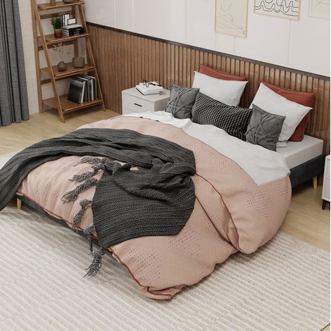 Bett Stoff Grau 160x200 cm mit geometrischem Kopfteil und Lattenrost (1/5)