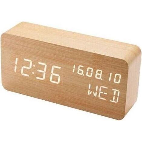 (Couleur bois) Réveil digital en bois avec contrôle sonore par LED, alimentation double par batterie USB, horloge silencieuse en bois avec LED, décorations pour la maison (1/4)