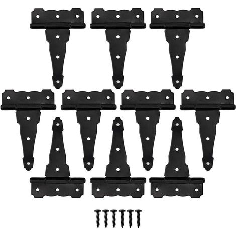 Bisagra decorativa en T para puerta de cobertizo, puerta de almacenamiento, bisagras en T para puerta de granero con tornillos, color negro, paquete de 10 (1/5)