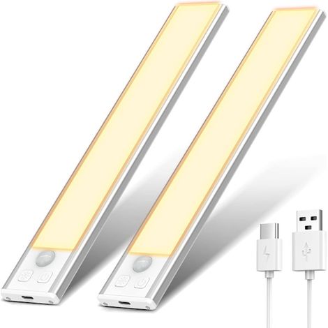 Éclairage d'armoire, lampe LED rechargeable pour intérieur d'armoire, sans fil, à intensité variable et avec détecteur de mouvement. (20,5 cm - 2 pièces, 3000 K) (1/5)