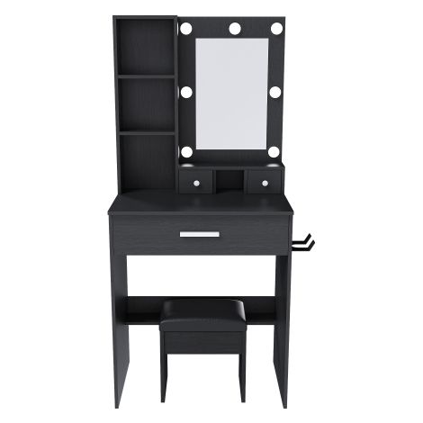 Coiffeuse noire LED miroir prise tabouret rangement 60x131,5x38cm