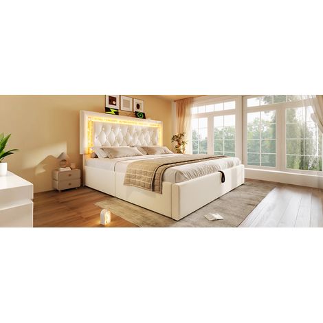 Cama tapizada de terciopelo beige 160x200 cm con colchón, LED en cabecero, USB/Type-C y arcón hidráulico (1/5)