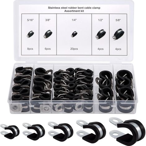 Pipe Clamps Rubber Pipe Clamp Stainless Steel Cable Clamp Screw Pipe Clamps 6/8/10/13/16 mm Hose Clamps P Clips Assortment Kit 42 Pieces (1/5)