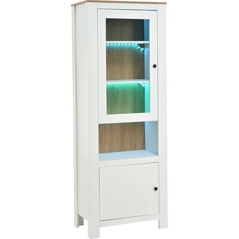 Hohe weiße Vitrine 70 x 40 x 188 cm mit Glastüren, 6 verstellbaren Regalen und LED (1/5)